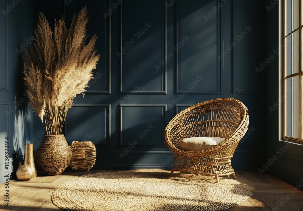 Fototapeta premium A wicker chair in a blue room with natural elements.