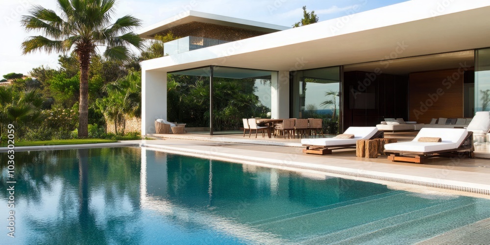A stunning luxury modern villa featuring an inviting swimming pool and a beautifully designed outdoor lounge area, showcasing contemporary architecture and a luxurious lifestyle. A stunning luxury modern villa featuring an inviting swimming pool and a beautifully designed outdoor lounge area, showcasing contemporary architecture and a luxurious lifestyle.