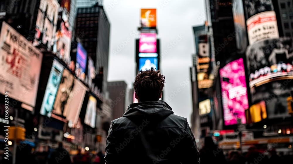 Person gazing at vibrant city lights in Times Square. Person gazing at vibrant city lights in Times Square.