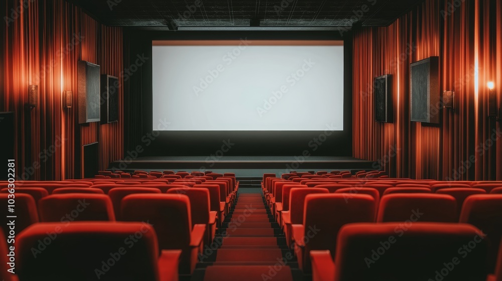 Fototapeta premium Empty movie theater with red seats and a large blank screen, ready for the show.