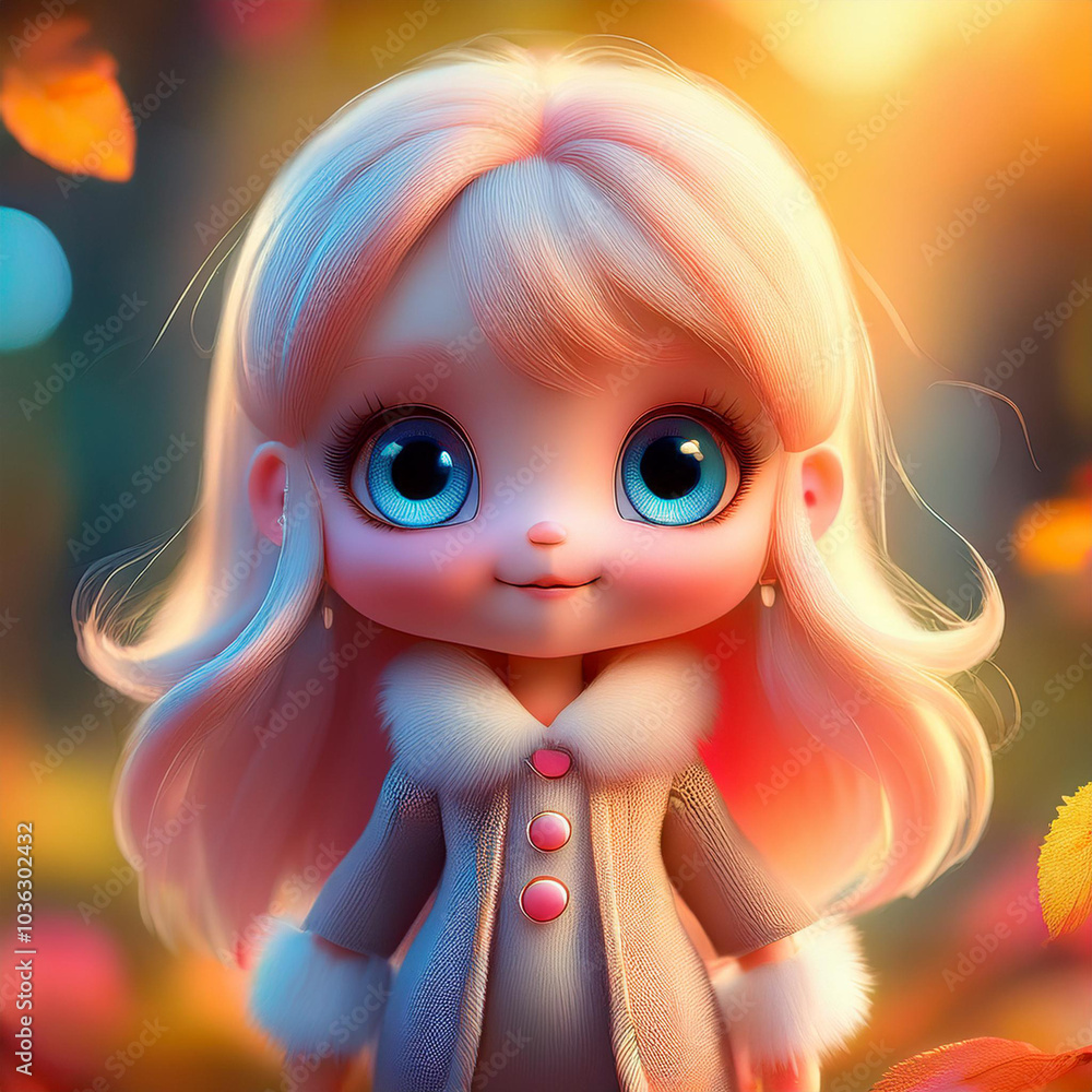 Adorable 3D doll with big eyes, rounded face, autumn colors, golden hour, and dreamy bokeh. Adorable 3D doll with big eyes, rounded face, autumn colors, golden hour, and dreamy bokeh.