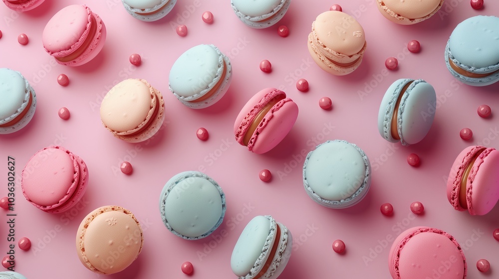 Fototapeta premium Macaroon snack colorful flavor fruity creamy layer pattern on pink background