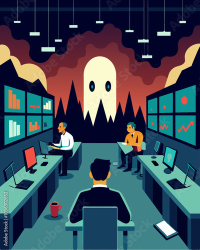 As news spread of devalued stock the previously bustling trading floor now resembles a ghost town with anxious investors looking for a way out.. Vector illustration