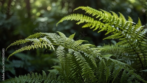 Lush green ferns in a tranquil forest setting.