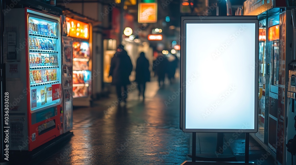 A blank white poster displayed near a vending machine, waiting for product promotions. A blank white poster displayed near a vending machine, waiting for product promotions.
