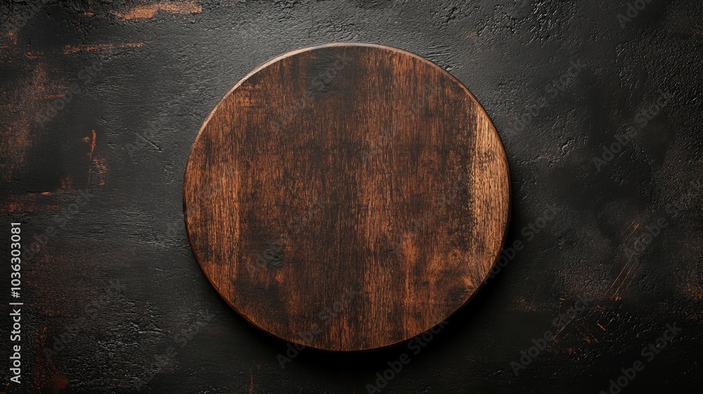 Empty round wooden cutting board on a dark background. Empty round wooden cutting board on a dark background.