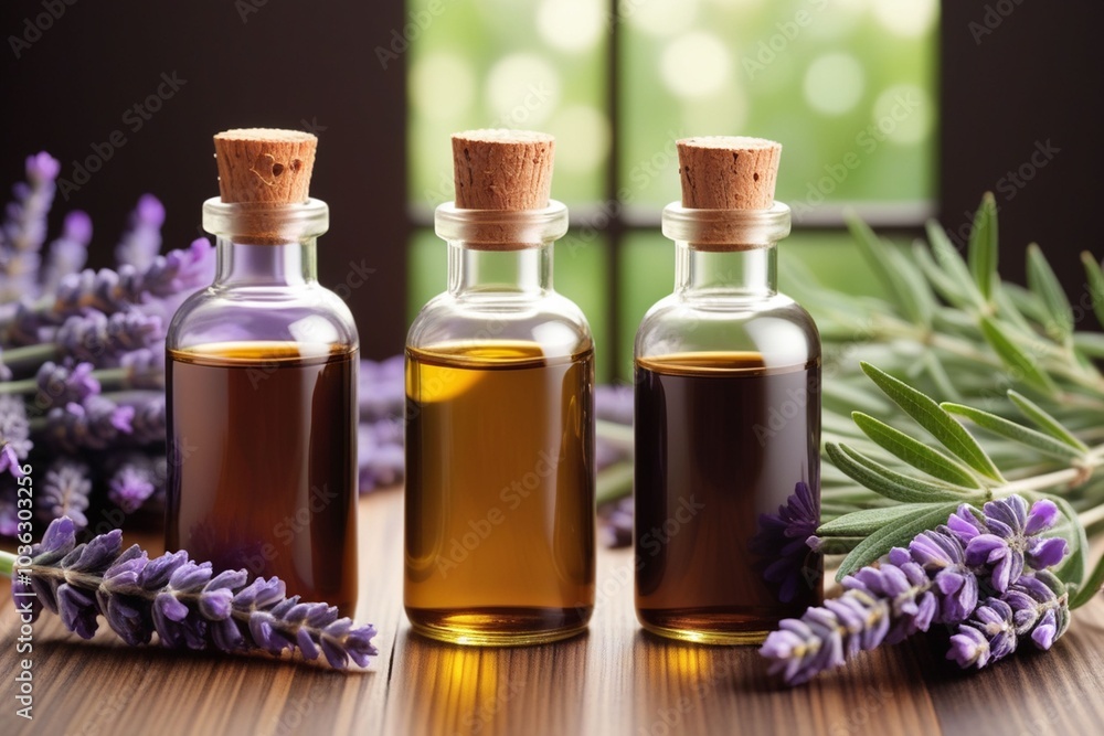 Peppermint oil bottles and lavender, horizontal composition Peppermint oil bottles and lavender, horizontal composition