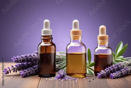 Peppermint oil bottles and lavender, horizontal composition