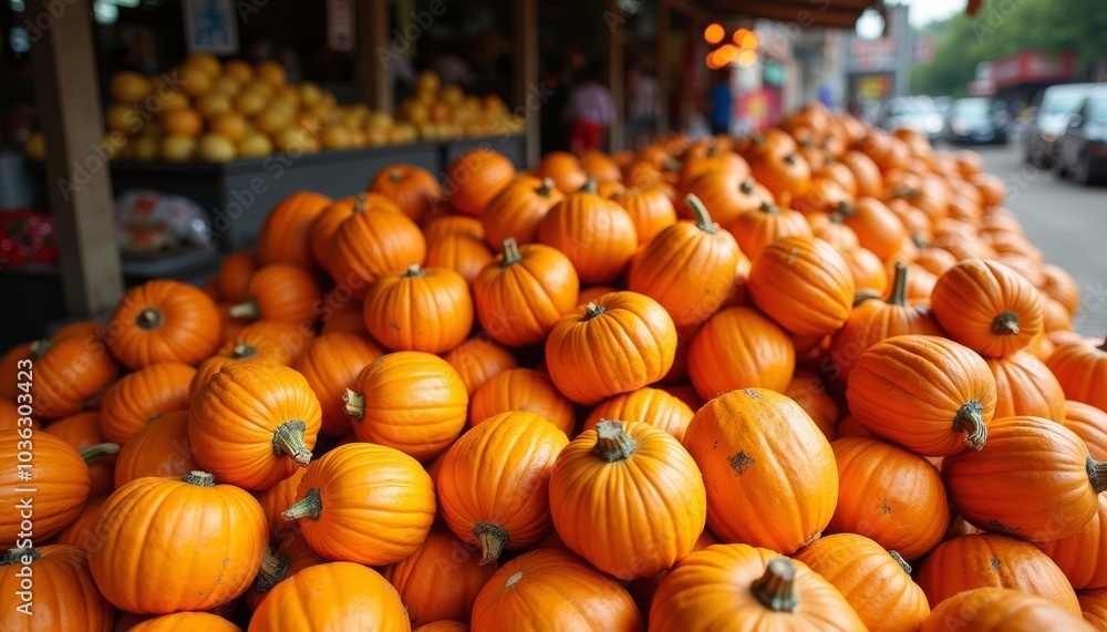 Bountiful harvest of pumpkins at a market Bountiful harvest of pumpkins at a market