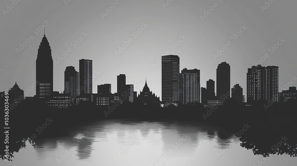 A black and white silhouette of a city skyline with reflections in the water. A black and white silhouette of a city skyline with reflections in the water.