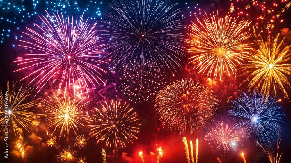 Celebratory fireworks illuminate the night sky on New Year's Eve creating a vibrant atmosphere Celebratory fireworks illuminate the night sky on New Year's Eve creating a vibrant atmosphere