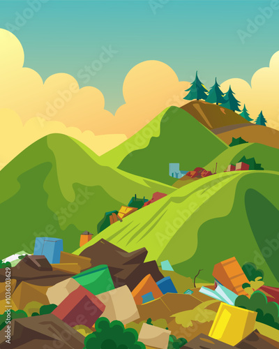 An overgrown landfill with piles of surplus products covering every inch of land and resembling rolling hills.. Vector illustration