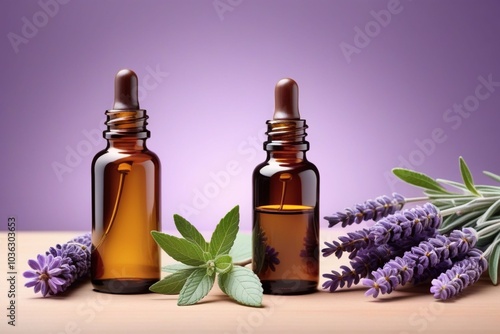 Peppermint oil bottles and lavender, horizontal composition