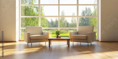Minimalist living room featuring two modern armchairs and a coffee table positioned by a window  creating a bright and inviting atmosphere. This cozy interior showcases contemporary furniture