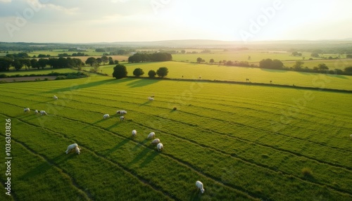  Peaceful pastoral scene with grazing sheep at sunset