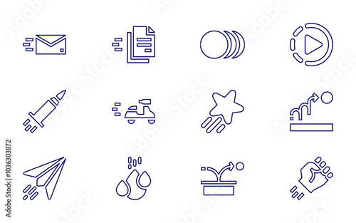 Motion icon set. Line style. Editable stroke. slow motion, animation, ball, mail, file, windsock, boxing, flight, gloves