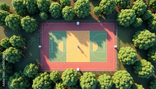  A serene basketball court nestled in a lush treelined park