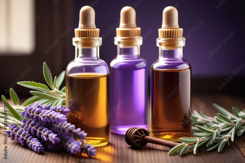 Peppermint oil bottles and lavender, horizontal composition Peppermint oil bottles and lavender, horizontal composition