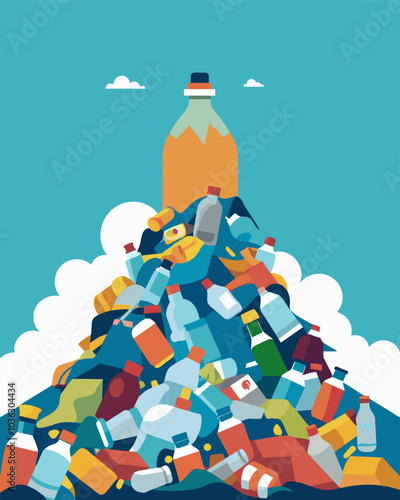 An image of a landfill overflowing with singleuse plastic bottles creating a mountain of waste.. Vector illustration