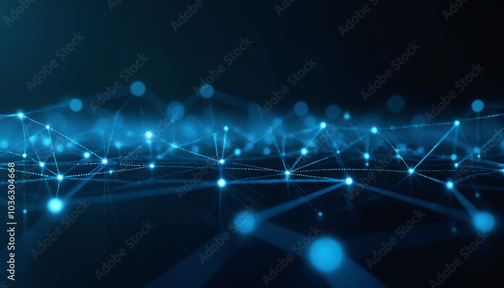 Fototapeta premium Digital Waves with Interconnected Blue Nodes: Digital waves featuring interconnected blue nodes, symbolizing seamless data flow and technological connectivity.