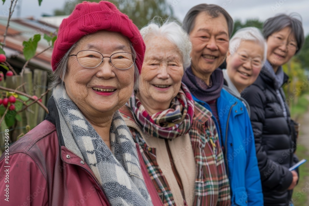 Happy asian senior women in red hat and scarf smiling and looking at camera in garden Happy asian senior women in red hat and scarf smiling and looking at camera in garden