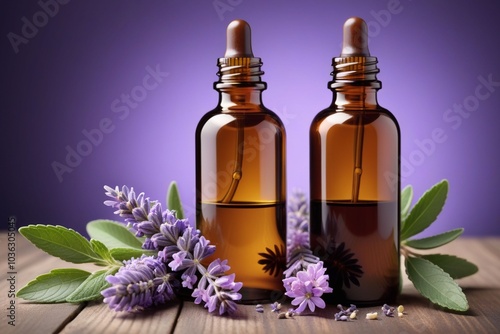 Peppermint oil bottles and lavender, horizontal composition