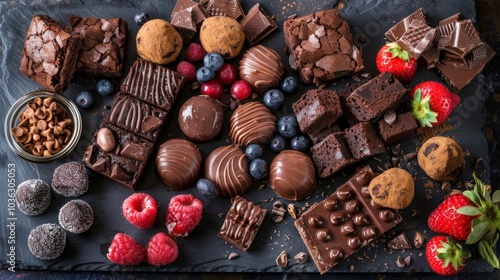 Decadent chocolate dessert platter with brownies, truffles, and berries