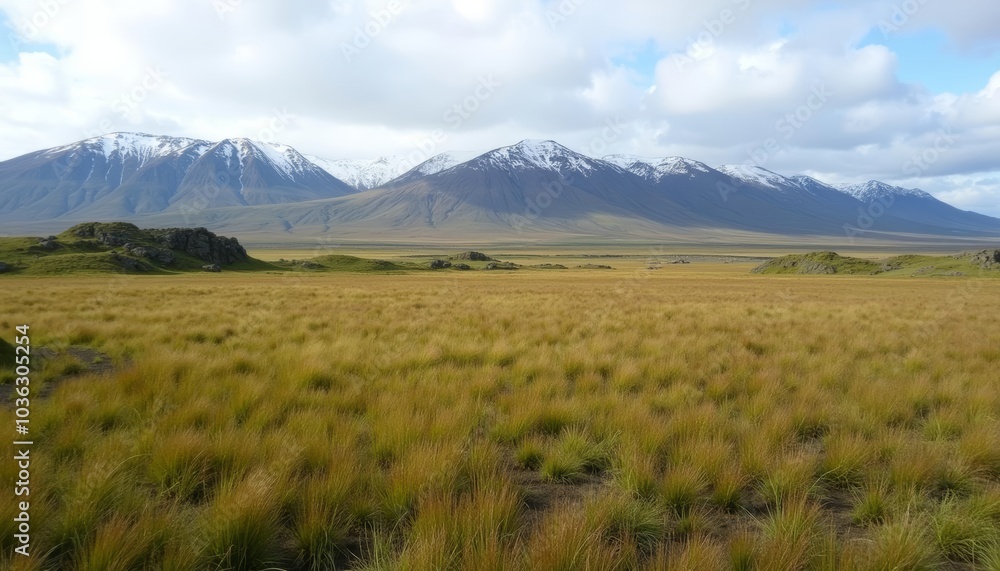 Fototapeta premium Majestic mountains under a cloudy sky with a vast grassy plain