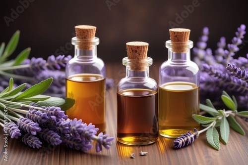 Peppermint oil bottles and lavender, horizontal composition