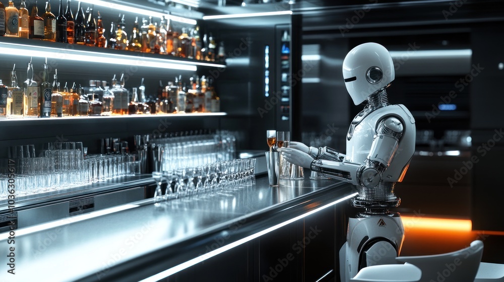 Robot Bartender in a Futuristic Bar