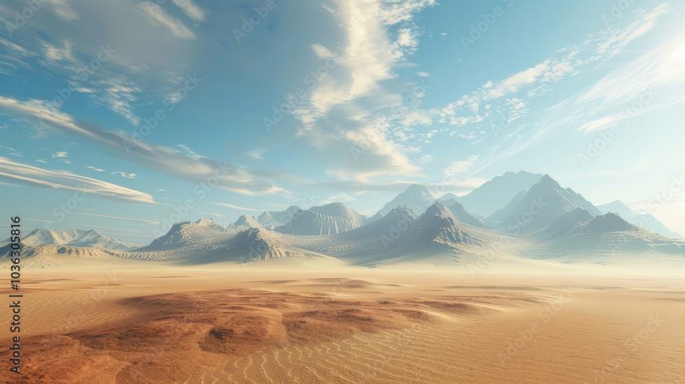 Desert landscape, vast sands and distant mountains Desert landscape, vast sands and distant mountains
