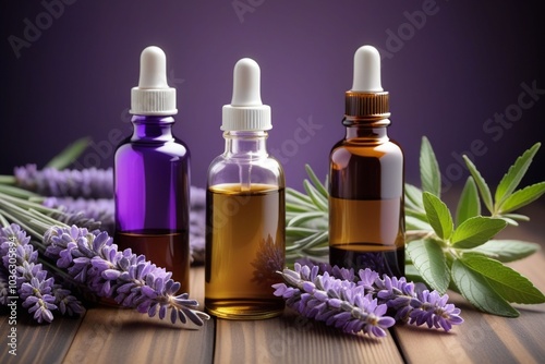 Peppermint oil bottles and lavender, horizontal composition