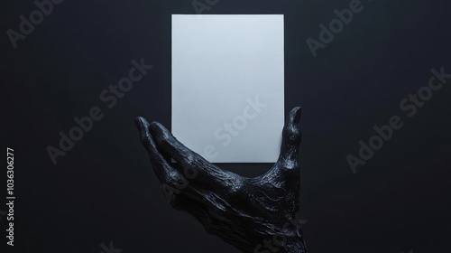 A scary black hand holds a blank sheet of paper, created with Generative AI technology.