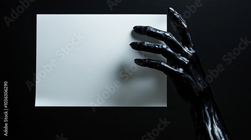A scary black hand holds a blank sheet of paper, created with Generative AI technology.