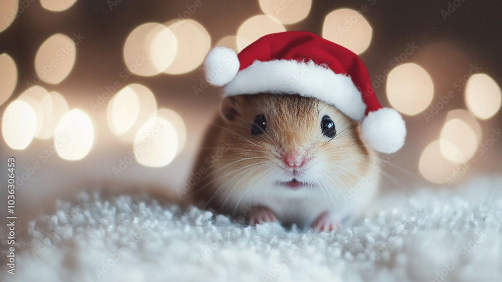 A cute hamster wearing a red Christmas hat sits on snow-like fabric during New Year's Eve A cute hamster wearing a red Christmas hat sits on snow-like fabric during New Year's Eve