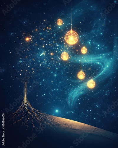 Enchanted Cosmic Tree with Glowing Lanterns and Mystic Roots Against Starry Night Sky Art Fantasy Dreamlike Surreal Enchanted Atmosphere Magical Universe photo