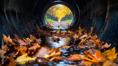A tunnel with water and leaves in it