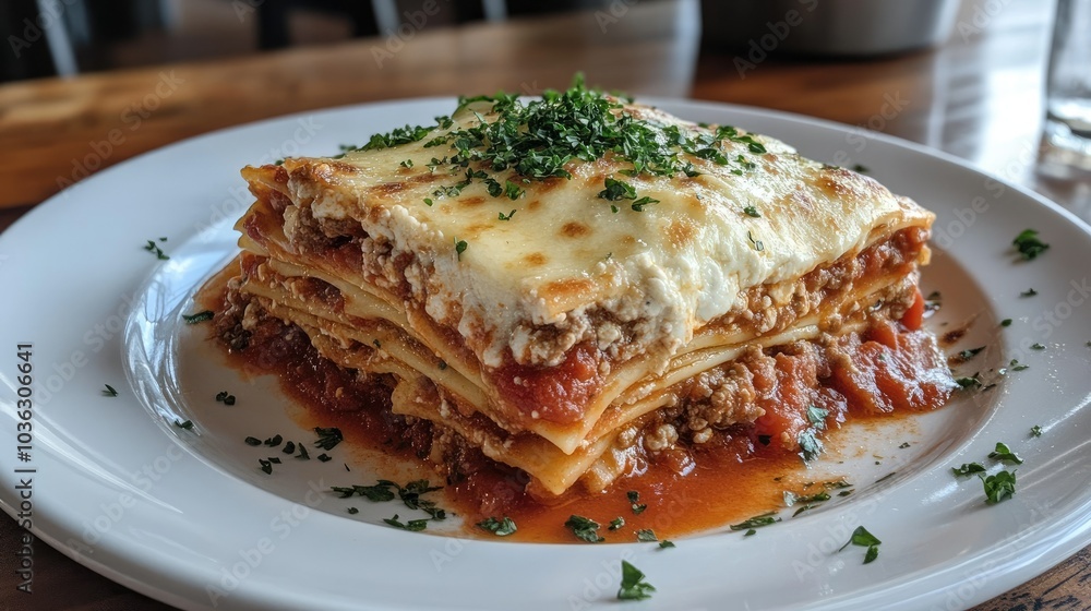 A plate of homemade lasagna with layers of pasta, meat sauce, ricotta cheese, and melted mozzarella. A plate of homemade lasagna with layers of pasta, meat sauce, ricotta cheese, and melted mozzarella.
