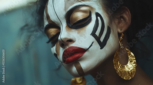 A closeup photograph of a womans head with painted face at an event