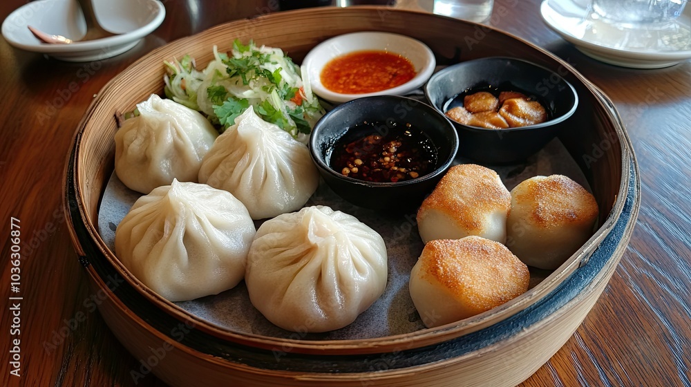A platter of assorted dim sum, including steamed buns, dumplings, and dipping sauces. A platter of assorted dim sum, including steamed buns, dumplings, and dipping sauces.