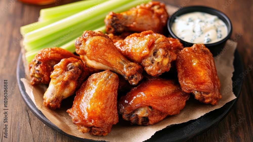 A platter of crispy fried chicken wings served with celery sticks and blue cheese dipping sauce. A platter of crispy fried chicken wings served with celery sticks and blue cheese dipping sauce.