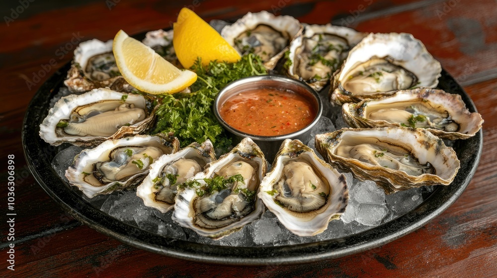A platter of fresh oysters on ice, garnished with lemon wedges and a side of cocktail sauce. A platter of fresh oysters on ice, garnished with lemon wedges and a side of cocktail sauce.
