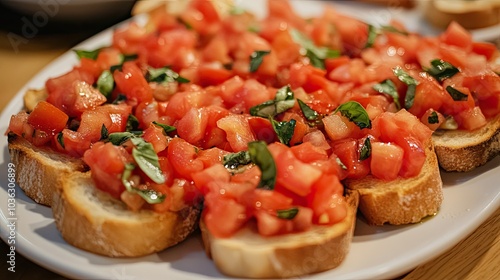 A platter of fresh bruschetta with diced tomatoes, basil, and a drizzle of olive oil, served on toasted baguette slices.