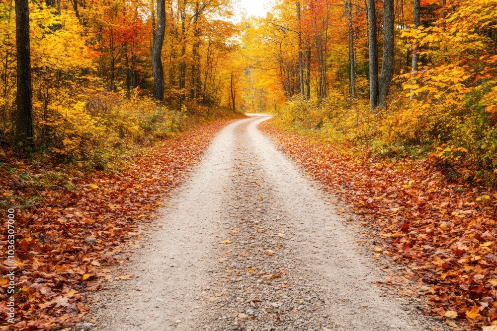 Obraz premium A serene gravel path winds through a vibrant autumn forest, lined with colorful foliage and scattered leaves.