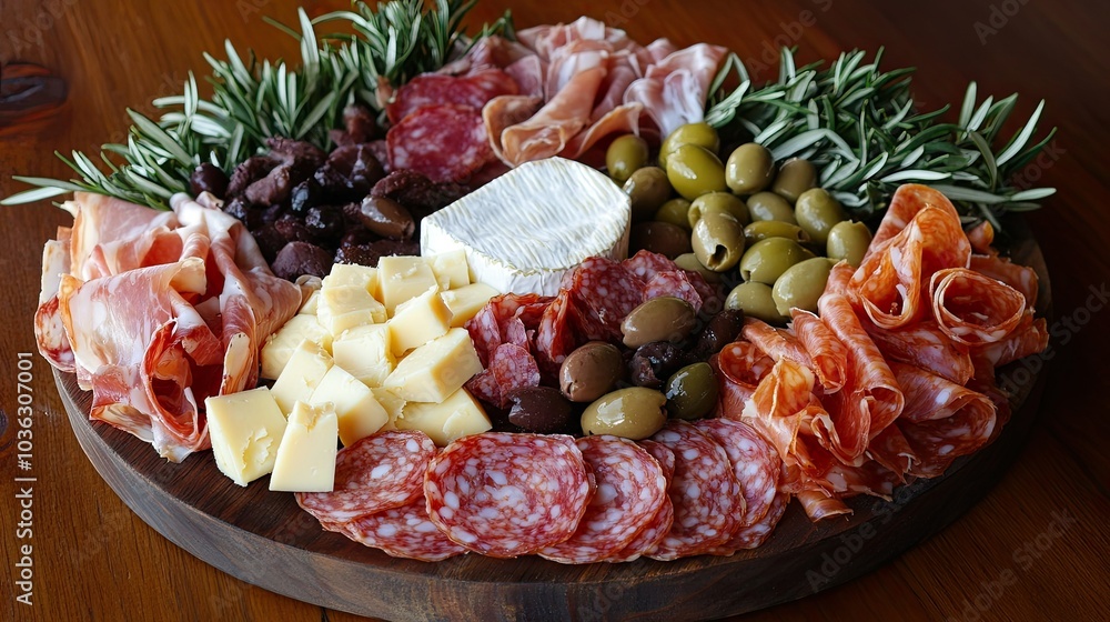 A platter of Italian antipasto with cured meats, cheeses, olives, and artichokes. A platter of Italian antipasto with cured meats, cheeses, olives, and artichokes.