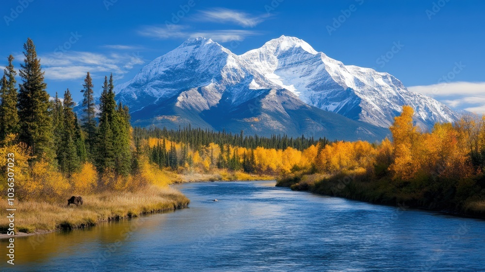 Obraz premium A breathtaking view of a river flowing through autumn forests, with majestic mountains capped in snow under a bright blue sky.