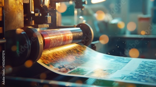 Closeup of a Printing Press with Paper Moving Through