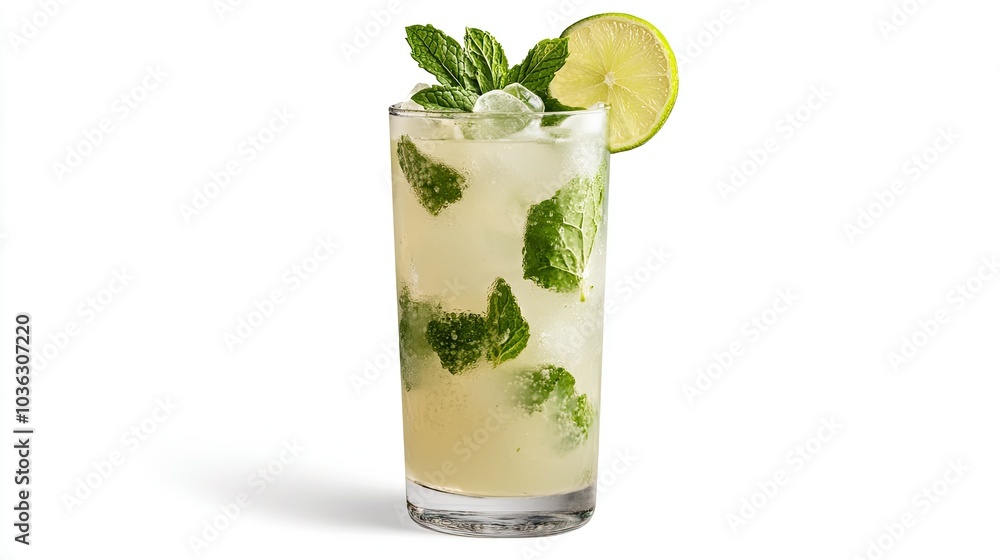 A refreshing mojito cocktail with mint leaves, lime wedges, and ice cubes, served in a tall glass. A refreshing mojito cocktail with mint leaves, lime wedges, and ice cubes, served in a tall glass.