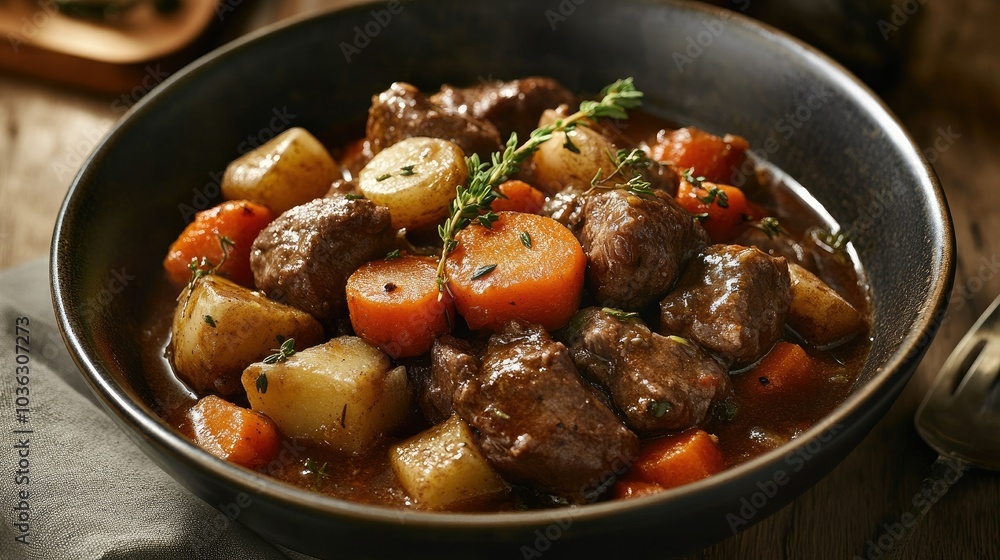 A rich, hearty beef stew served in a deep bowl, with carrots, potatoes, and herbs. A rich, hearty beef stew served in a deep bowl, with carrots, potatoes, and herbs.