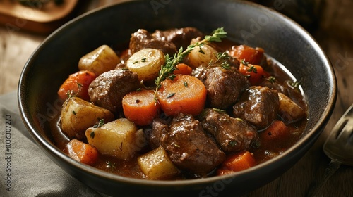 A rich, hearty beef stew served in a deep bowl, with carrots, potatoes, and herbs.